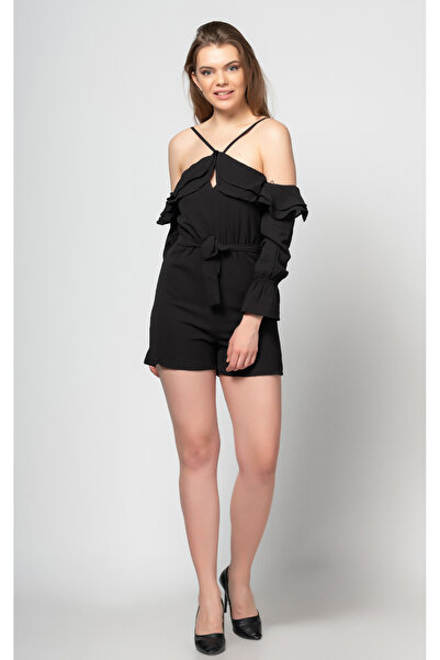 FIRST STYLE Turkish Jumpsuit Black Stylish Drawstring Neck Tie Waist Belted S...