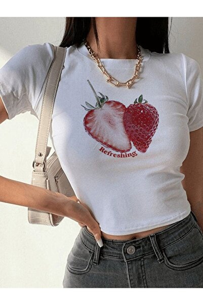 cto your style Tricou crop pentru femei, slim fit, cu imprimeu căpșuni, cu mâ...