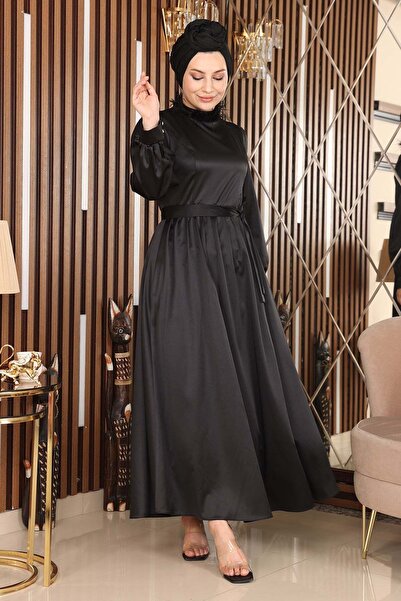 Missvalle Feather Detailed Satin Evening Dress Black 19123