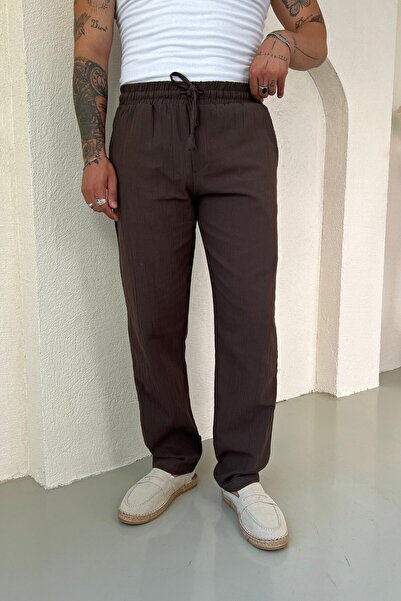 OUTFİT MAN Kırınkıl Linen Comfortable Fit Trousers Brown