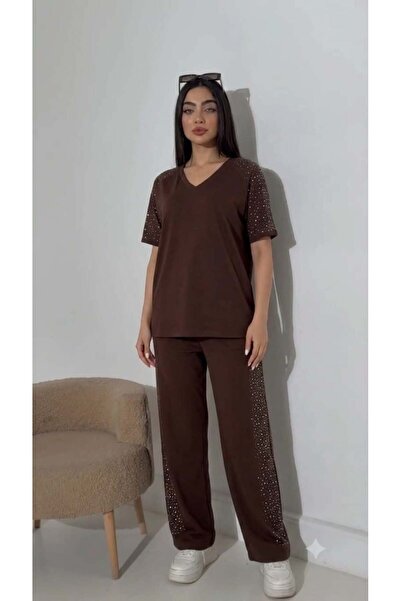 Elaxi Women's Spreader Stone Detailed V-Neck Oversize T-Shirt Pants Set