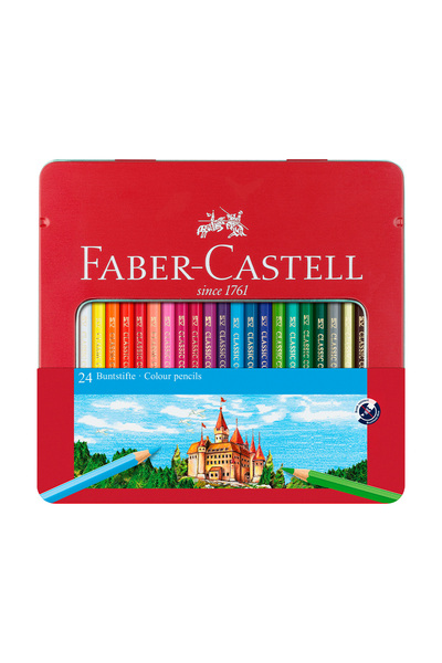 Faber Castell Boya Kalemi 24'lü , Metal Kutu,Yumuşak Mineli,Parlak Canlı Renkler
