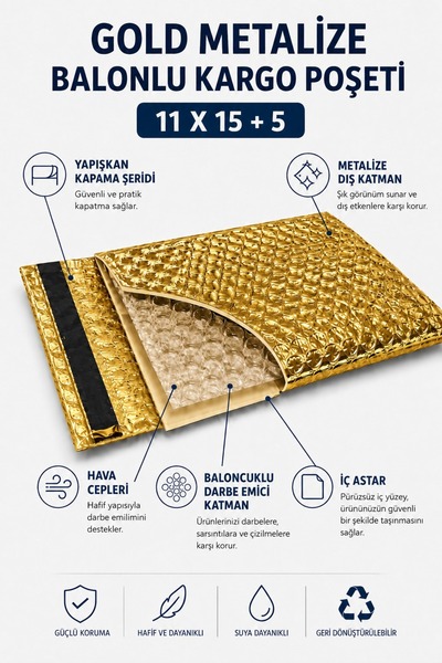 Ezupack Gold Metalize Cool Mailer Balonlu Bantlı Torba (11x15+5) Kargo Torbas...