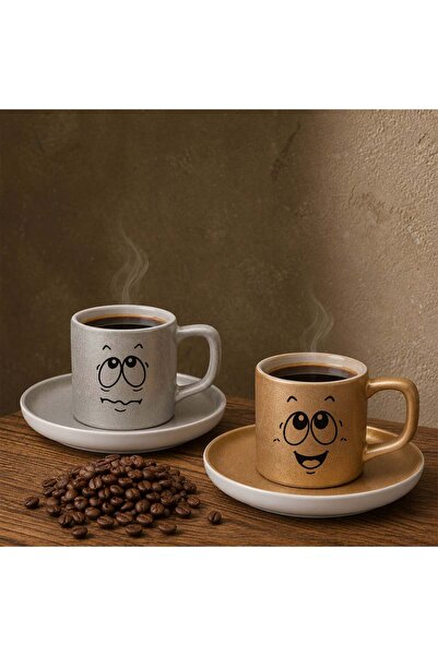 Bk Gift Set of 2 Ceramic Turkish Coffee Cups with Silver and Gold Color Emoji...