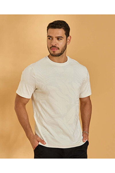 REDTAG Men Ivory Textured T-Shirt