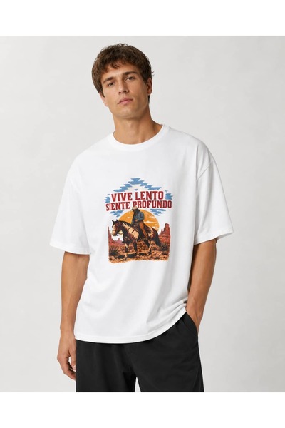 CANMODA White Oversize Western Cowboy Horse Printed 100% Cotton T-Shirt