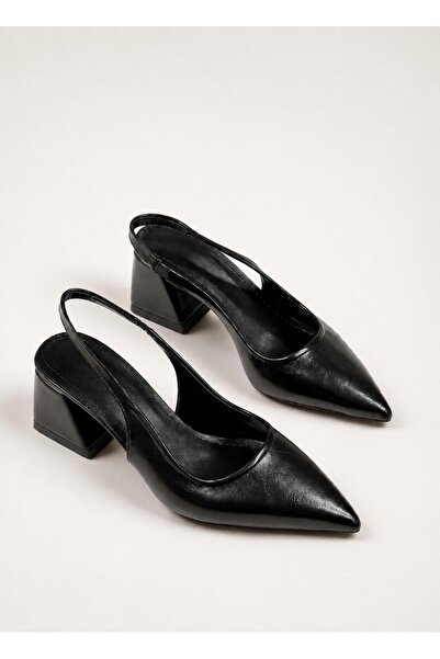 redtan Women's Black Pointed Toe Slingback Short Heeled Shoes Thick Heel Comf...