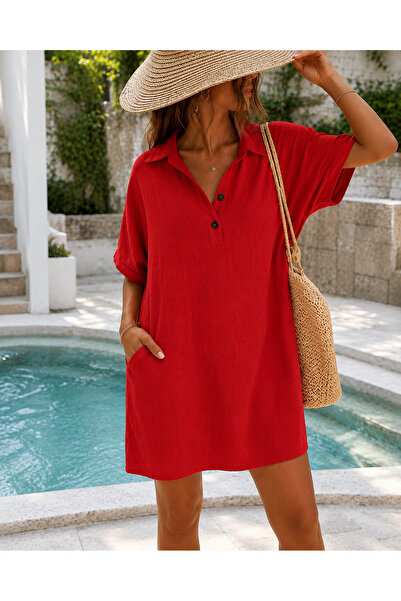 Afil Collection Women's Cotton Linen Collared Mini Dress with Pockets