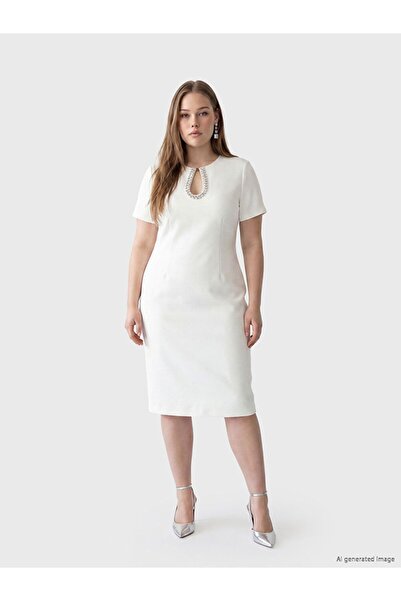 LC Waikiki Soulife White Crew Neck Stone Embroidered Dress