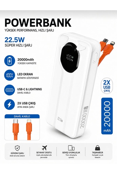 ACL 20000mAh 22.5W Süper Hızlı Şarj Powerbank – Dahili USB-C & Lightning Kablolu LED Göstergeli