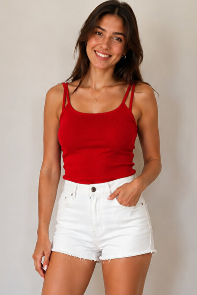 Trend Mixs Women's Red Double Strap Ribbed Crop Blouse Casual Stylish Summer ...