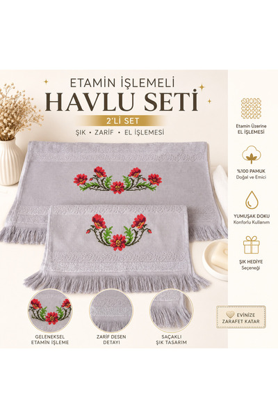 El İşlemeli Etamin Yüz ve Mutfak Havlusu Takımı