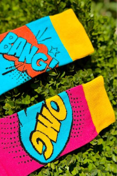 LouSocks Unisex Sağlı Sollu Bang Pow Desenli Soket Çorap