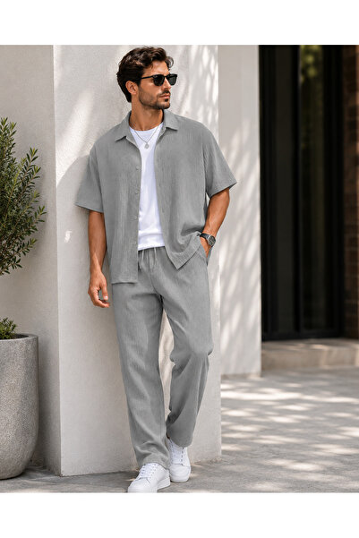 Moda Minimo Men's Wrinkled Shirt Pants Set Summer Short Sleeve Shirt Pants 2-...