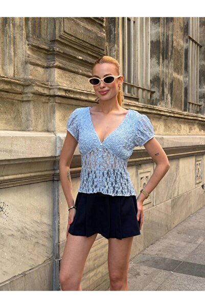 Ruby Wear Kadın Dantel Detaylı V Yaka Kısa Kollu Düğmeli Bluz