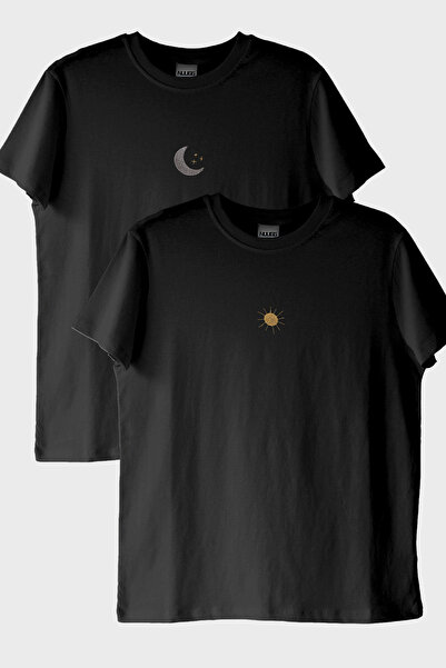 NUUGG Moon and Sun Patterned Embroidered Double Combination Black T-Shirt