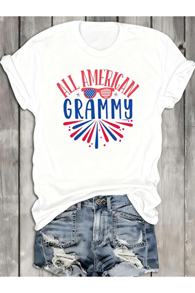 2mcup Nixeci Brand All American Grammy Tee Women's Crew Neck T-Shirt| White, ...