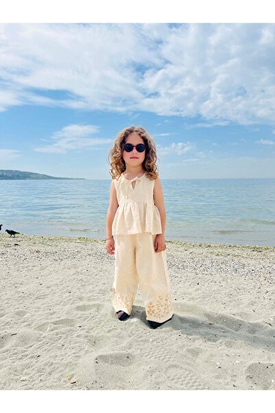 Cigit Embroidered Linen Suit with Sleeves 2-7 Years Yellow
