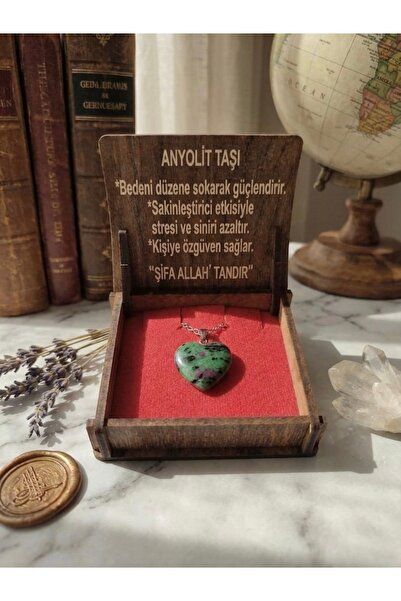 Meneva Aksesuar Anyolite Stone Natural Stone Heart Model Necklace with Wooden...