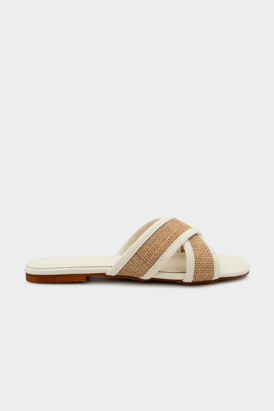 LAMİNTA Diana Wicker Cross Flat Women's Ecru Slippers
