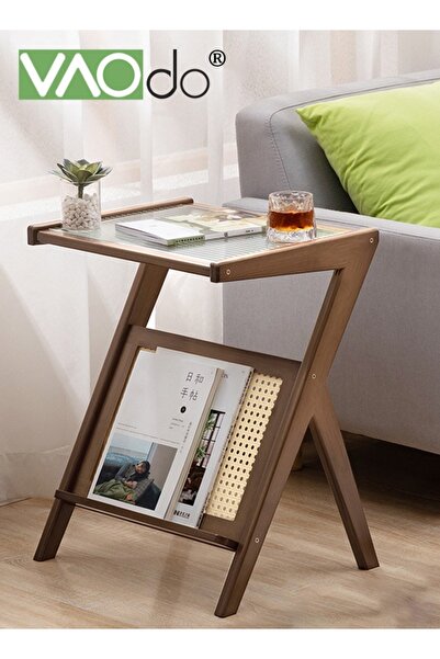 VAODO Rattan Side Table Boho NightStand Mid Century Modern End Table Glass Be...
