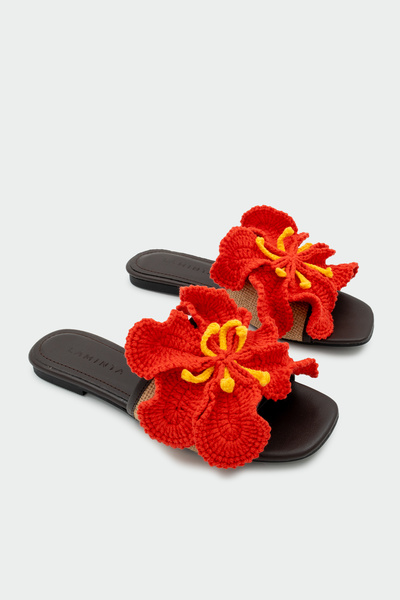 LAMİNTA Mojeh Handmade Women's Red Flat Slippers with Floral Detail
