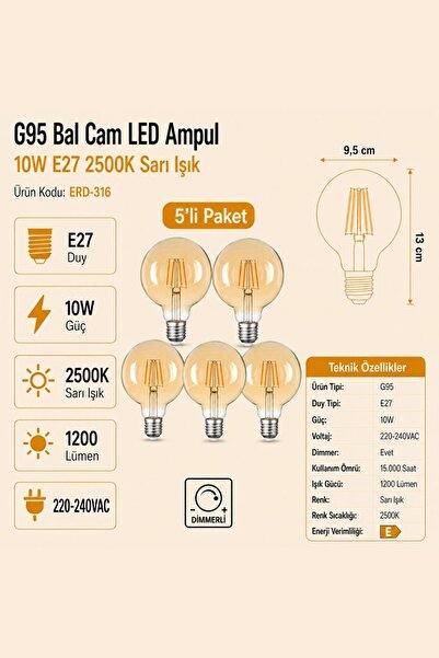 Heka G95 Bal Cam LED Ampul 10W E27 2500K Sarı Işık ERD-316 5'li