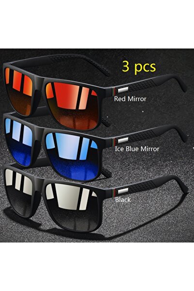 Choice نظارات شمسية من Red-IceBlue-Black مكونة من 3 قطع بنمط مخطط ملون عتيق ا...