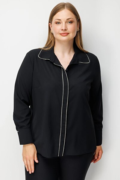 Moda İlgi Women's Plus Size Shirt with Stripe Stone Detail on Collar and Plac...