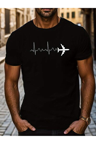 BASEPULSE Men's Casual Short Sleeve TShirt, Airplane and ECG Pattern Design B...
