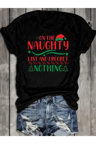 1001 Line تي شيرت نسائي بطبعة "Naughty Christmas List" بأكمام قصيرة وياقة دائ...