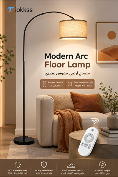 Tiokkss Arc Floor Lamp Remote Control, Fabric Shade Standing Lamp for Living ...