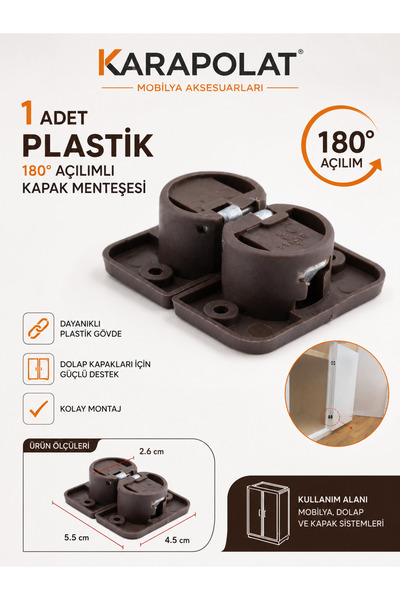 KARAPOLAT 180° Plastik Gizli Kapak Menteşesi Kahverengi 1 Adet | Dolap Kapak ...