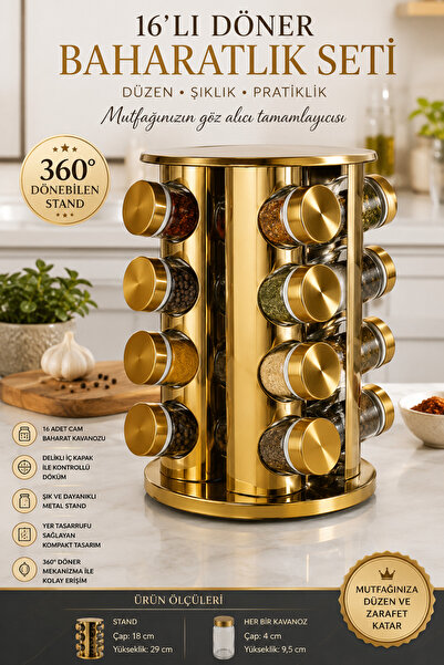 MAKRİ HOME 16-Piece Rotating Gold Color Round Metal 360 °   Rotating Stand Sp...