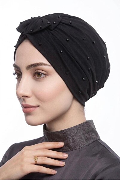 İSTDONATELLA Women's Black Turban with Pearl and Flower Detail, Practical Eve...