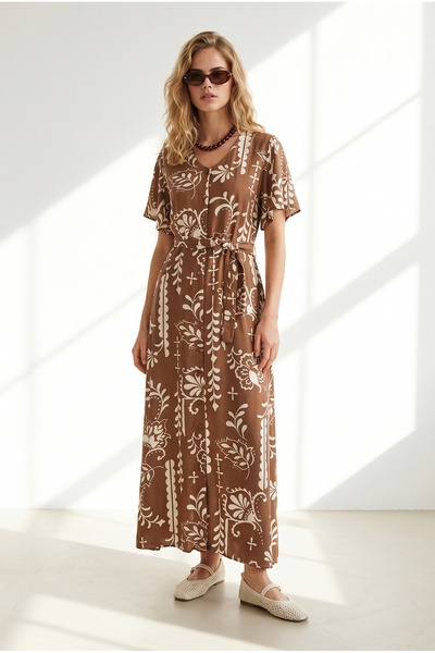 Olalook Women's Boho Camel Buttoned Belted Maxi Viscose Shirt Dress Elb-19002382