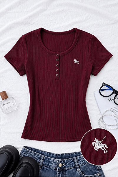Violon Burgundy Button Embroidered Snap Button Blouse