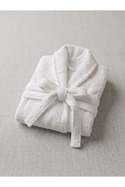 Karahanlı Home Striped Textured Triga Velvet White Bathrobe
