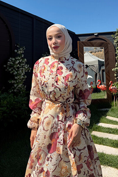 fushya design Hakim Yakalı Çiçek Desenli Elbise