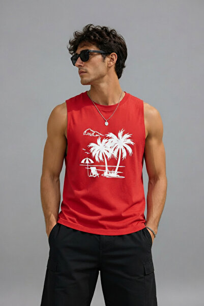 TREND EMMODA Men's Summer Themed Palm Tree and Sea Printed Zero Sleeve Round ...