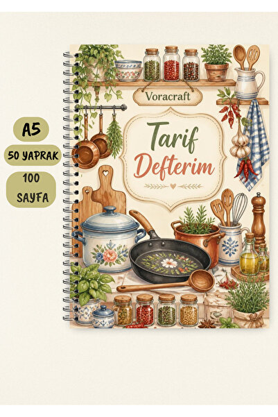 VORACRAFT Yemek Tarif Defteri, 50 Yaprak /100 Sayfa, A5 / Tel Spiral TRF0041
