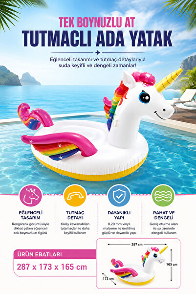 NeoThings Unicorn Tek Boynuzlu At Şişme Binici Deniz Yatağı Tutmaçlı Dev Ada ...