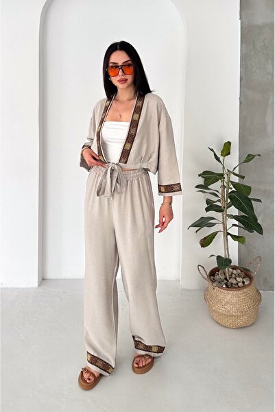 Noa&Noa Etnik desenli şeritli kimono pantolon takım