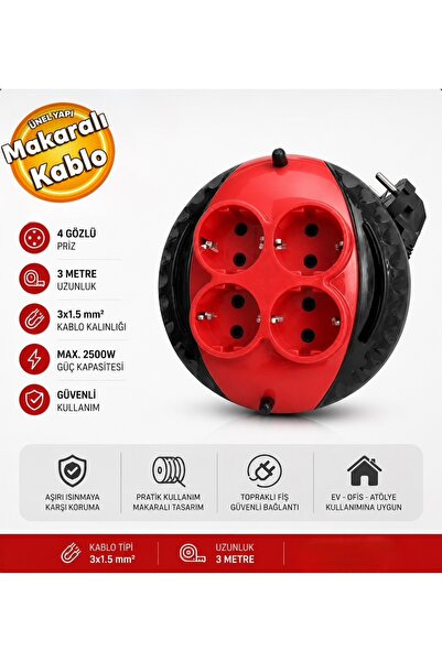 BULMAXX Bulmax BMX-1365 Mini Makaralı Kablo 3x1,5 mm 3 Metre 4 Gözlü Makaralı...