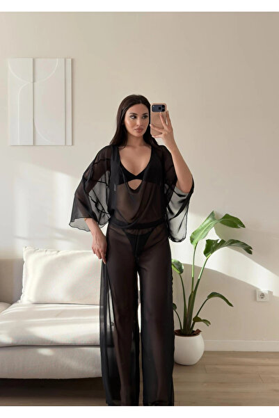 Zoom Butik Pelerin Tül Pareo Takım - SİYAH