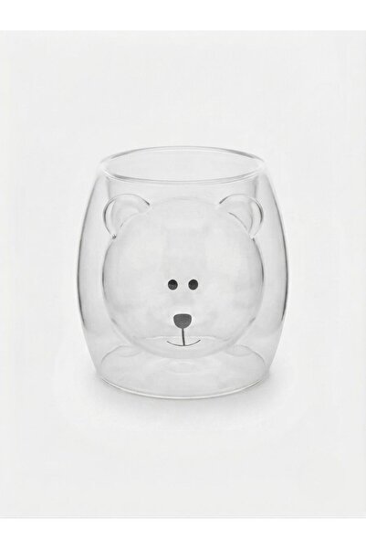 ASSA BAZAAR Double Walled White Glass Mug with Teddy Bear