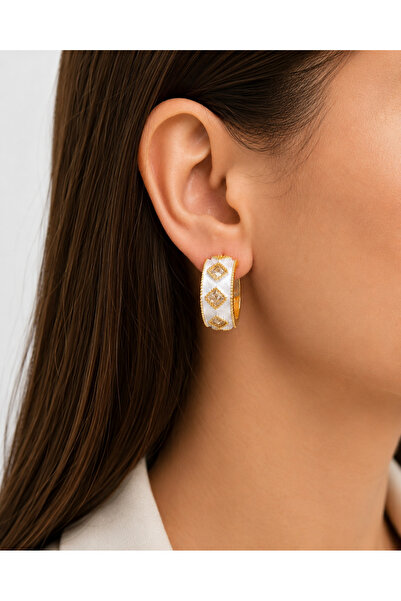 Kumru Studio Gold White Enamel Stone Detailed Hoop Earrings
