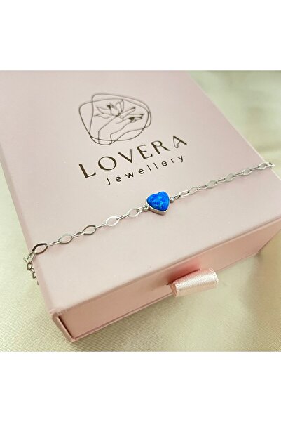 Lovera Jewellery 925 Ayar Gümüş Sertifikalı Mavi Opal Taşlı Kalp Bileklik
