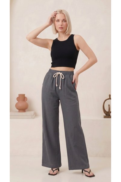 Zenvia Smoked Women's Muslin Palazzo Sweatpants High Waist Wide Leg