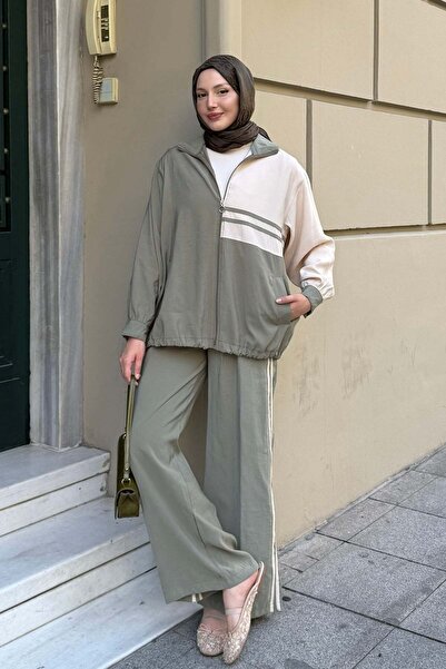 Modaensarbutik Yan Şerit Detaylı Fermuarlı Tesettür Takım-YEŞİL